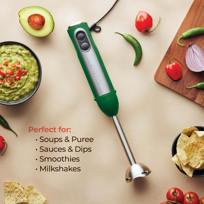 Powerful Immersion Blender, Electric Hand Blender 500 Watt with Turbo Mode, Detachable Base. Handheld Kitchen Blender Stick for Soup, Smoothie, Puree, Baby Food, 304 Stainless Steel Blades (Green)