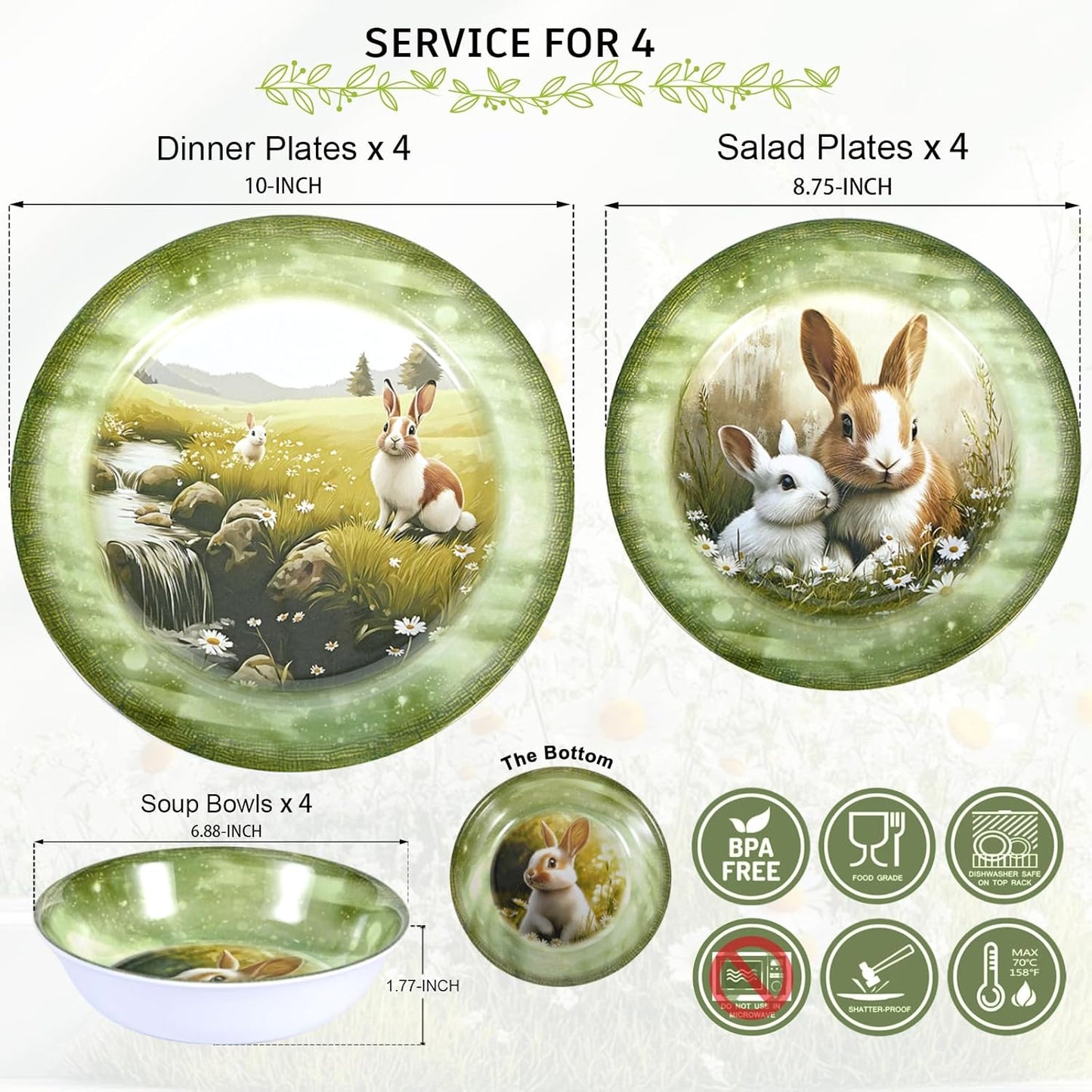Skiennix 12-Piece Melamine Dinnerware Set - Lightweight Shatterproof Plates & Bowls for 4 | Green Bunny Design, Ideal for Outdoor Use