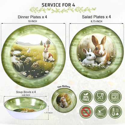 Skiennix 12-Piece Melamine Dinnerware Set - Lightweight Shatterproof Plates & Bowls for 4 | Green Bunny Design, Ideal for Outdoor Use
