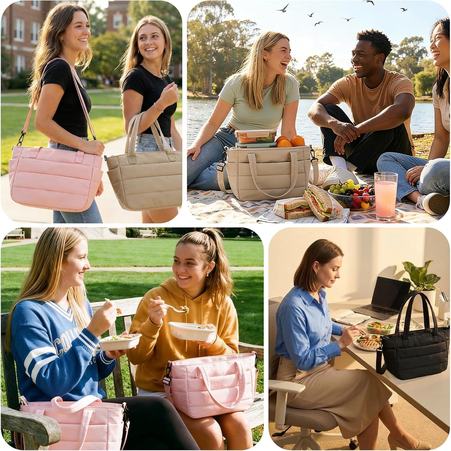 Wdmiya Insulated Lunch Bag - Lightweight Quilted Tote with Lunch Compartment & Cup Holder | Black