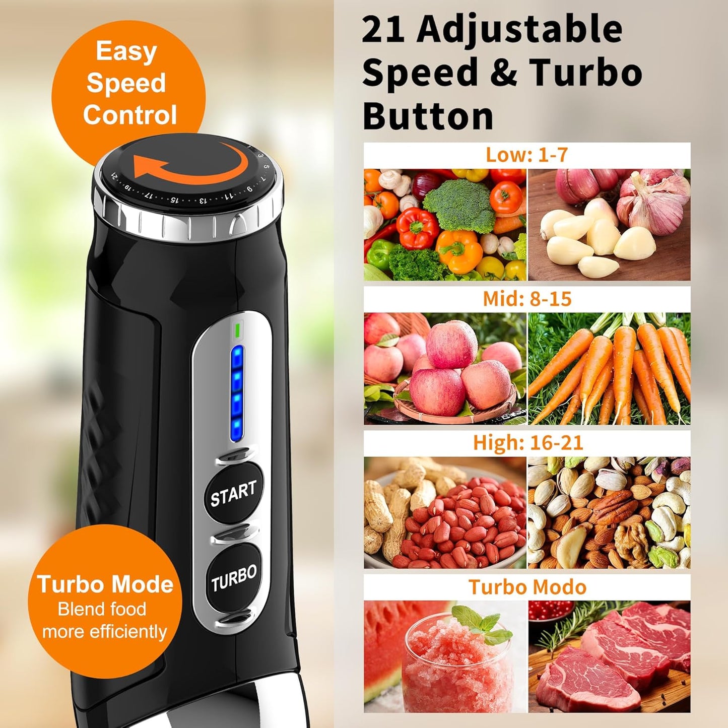 Skiennix Immersion Blender - 21-Speed Handheld Stick Blender with Adjustable Angle & Stainless Steel Blade for Smoothies, Soups, and Baby Food