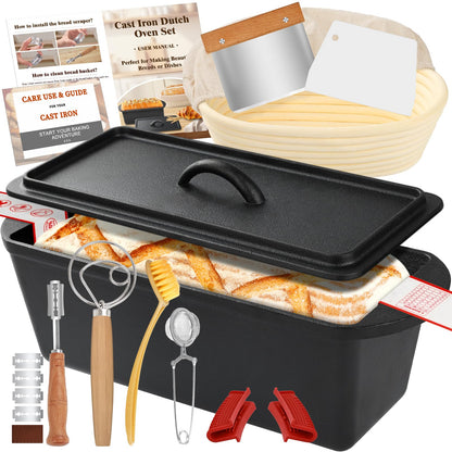 Rectangular Cast Iron Dutch Oven for Bread Baking, Cast Iron Sourdough Bread Pan with Lid Handles Lame, Even Heat Bread Baking Pan for Homemade Bread Cake Meatloaf, 3.2QT