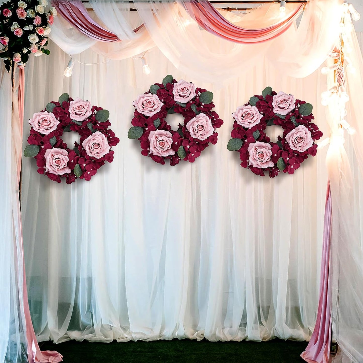 Skiennix Artificial Flower Candle Rings - 6-Inch Rose Floral Wreaths with Butterflies | Burgundy & Dusty Pink