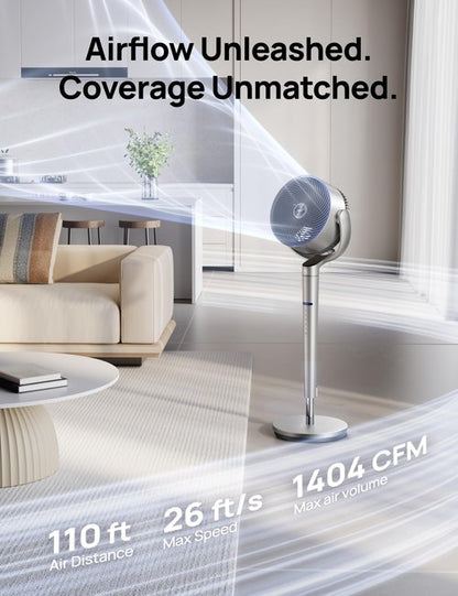 DREO Smart Fan for Bedroom, Position-based Oscillation, 150°+120° 3D Oscillating Fan, 110ft Pedestal Fans with Wi-Fi/Voice/Remote, Standing Fans Work with Alexa/Google, 9 Speeds, 6 Modes, 25dB, Silver