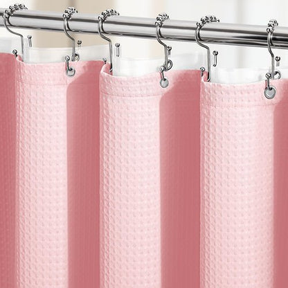 Dynamene Long Shower Curtain and Liner Set - 78 inch Tall Waffle Fabric, Waterproof Clear Liner, Heavy Duty Weighted Hotel Luxury Cloth Shower Curtains for Bathroom with 12 Hooks, 72x78, Pink