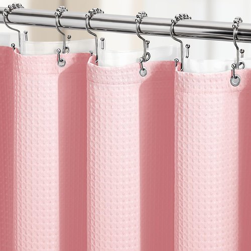 Dynamene Long Shower Curtain and Liner Set - 78 inch Tall Waffle Fabric, Waterproof Clear Liner, Heavy Duty Weighted Hotel Luxury Cloth Shower Curtains for Bathroom with 12 Hooks, 72x78, Pink