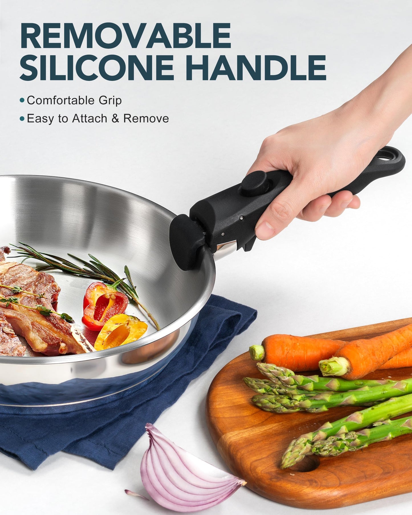 MICHELANGELO Stainless Steel Frying Pan Set, Cooking Pans with Removable Handle, Triply Base Stainless Steel Pan Set, Induction Compatible Skillet- 8" & 9.5" & 11"