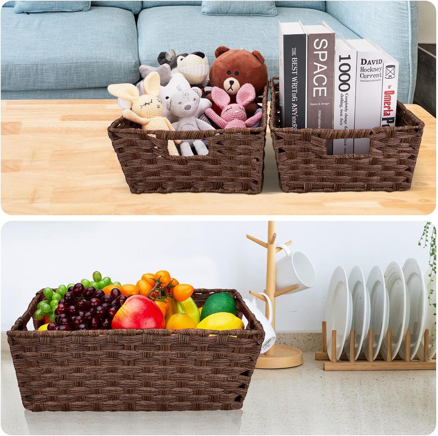 Onlytak Wicker Storage Baskets - Large Washable & Waterproof Set of 2 | 15" x 10.3" x 5.2", Brown