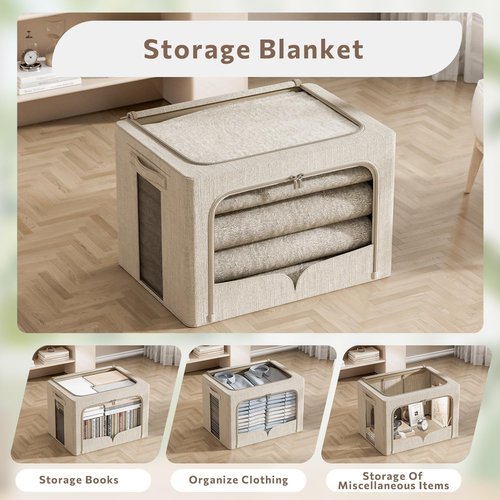 FHSQX Foldable Clothes Storage Bins - Stackable Linen Fabric Organizer Set with Clear Window | Beige, 15.7"x11.8"x11.8" (36L)