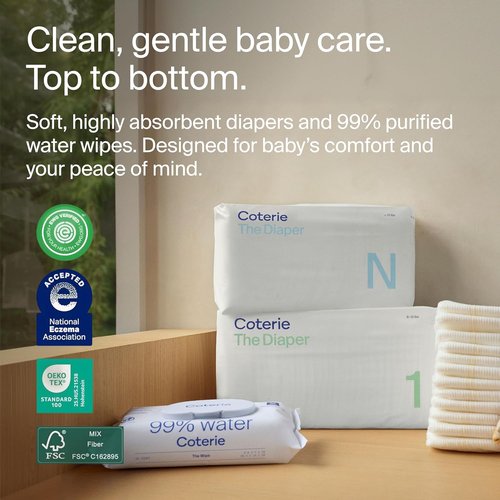 Coterie Baby Wipes & Diapers Kit - Size 1 (99 Count) & Newborn (93 Count) | Hypoallergenic, Plant-Based