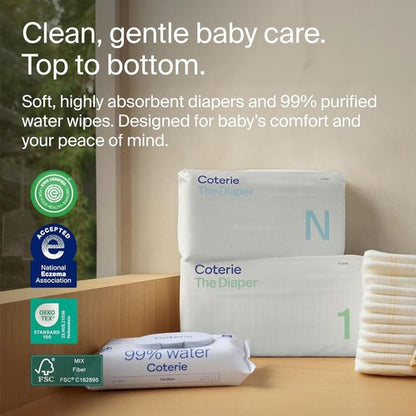 Coterie Baby Wipes & Diapers Kit - Size 1 (99 Count) & Newborn (93 Count) | Hypoallergenic, Plant-Based