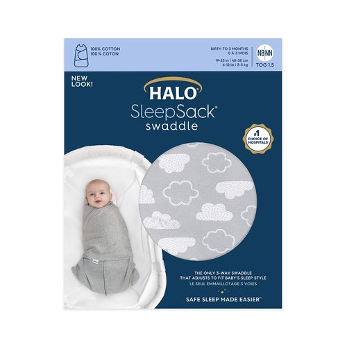 HALO 100% Cotton Sleepsack Swaddle, 3-Way Adjustable Wearable Blanket, TOG 1.5, Clouds, Small, 3-6 Months
