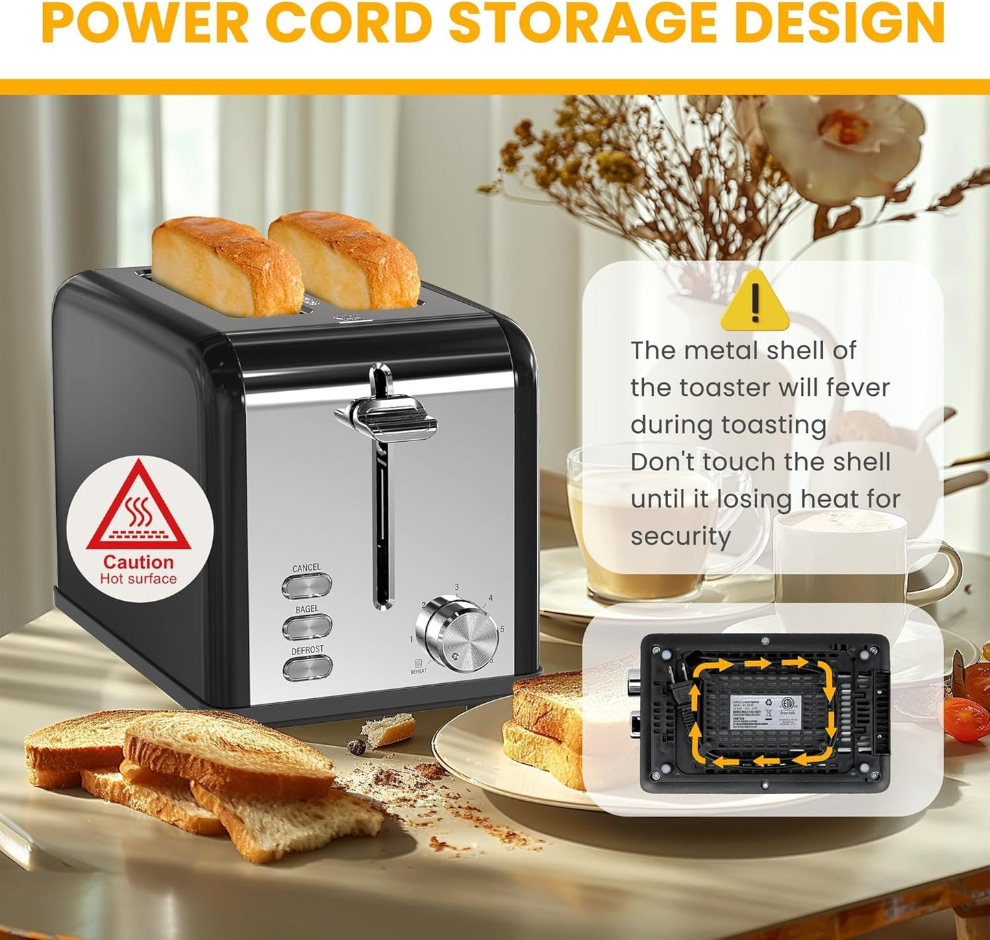 Simple Deluxe 2-Slice Toaster - Stainless Steel with 6 Browning Settings & Extra Wide Slot - Black