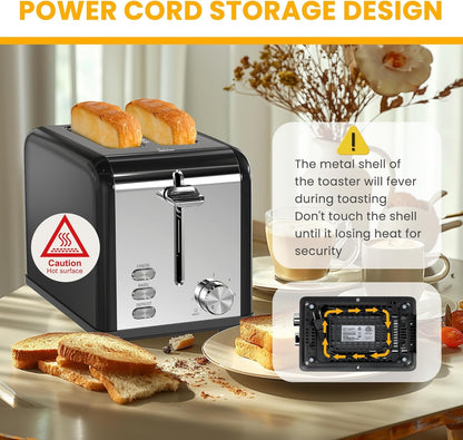 Simple Deluxe 2-Slice Toaster - Stainless Steel with 6 Browning Settings & Extra Wide Slot - Black