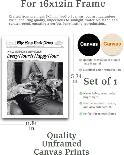 iHery Black Wall Art Print - Trendy Happy Hour New York Design | 12x16in Unframed Canvas Decor