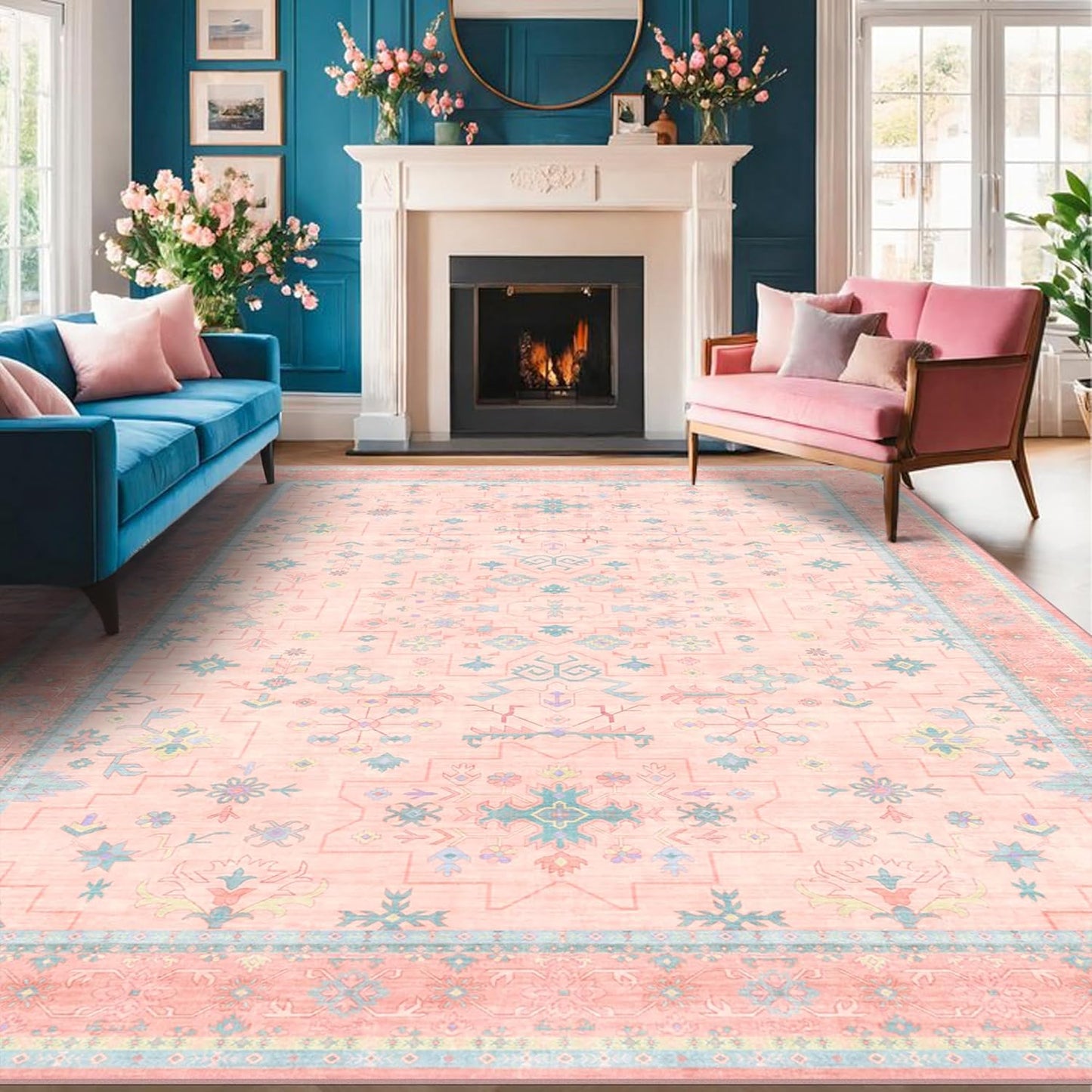 Oushak Rugs - Washable Pink & Blue 7x10 Modern Floral Design | Soft, Non-Slip, Stain-Resistant Carpet for Bedrooms & Living Rooms