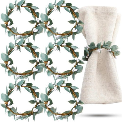 Domensi Eucalyptus Leaf Napkin Rings - Set of 6 Rustic Farmhouse Holders for Weddings & Dining Decor