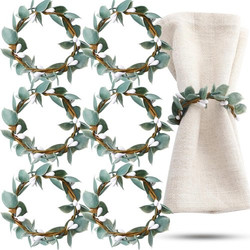 Domensi Eucalyptus Leaf Napkin Rings - Set of 6 Rustic Farmhouse Holders for Weddings & Dining Decor