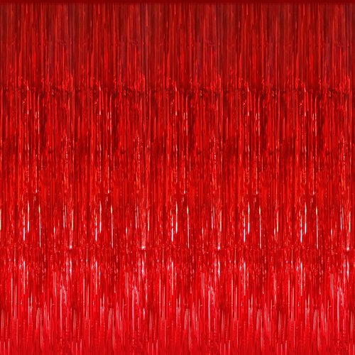 GOER Metallic Tinsel Foil Fringe Curtains - 3.2 ft x 9.8 ft Red Party Backdrop for Birthdays & Weddings