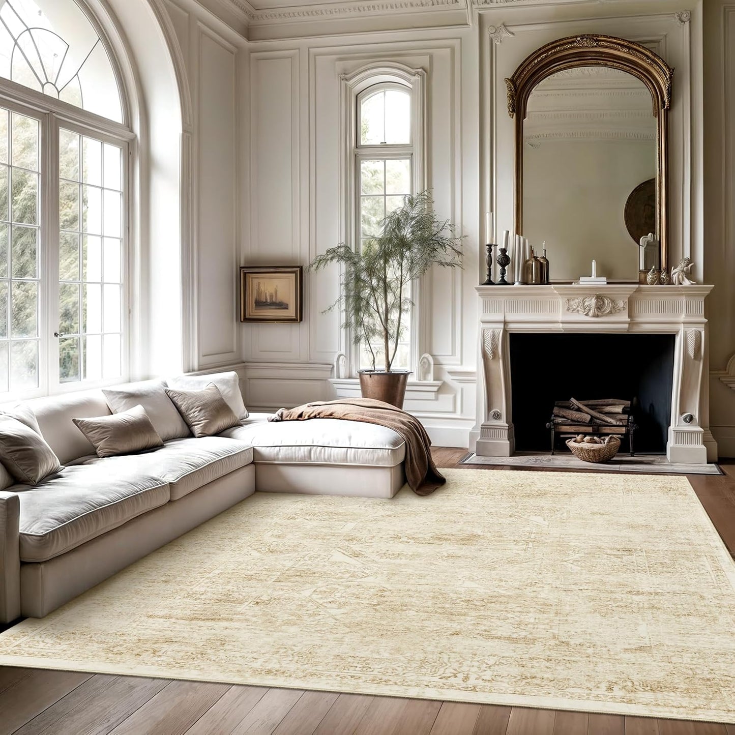 Soalmost Washable Area Rug - Large Vintage Beige 8x10 Soft Non-Slip Rug for Living Room & Bedroom