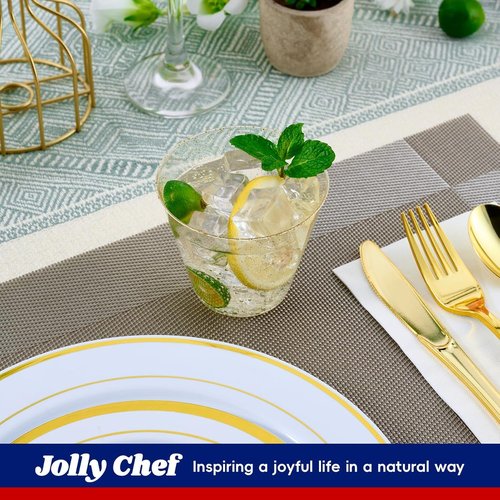 JOLLY CHEF 200 Pack 9 oz Glitter Plastic Cups, Disposable Gold Cups, Clear Plastic Tumblers for Wedding, Thanksgiving, Christmas Party