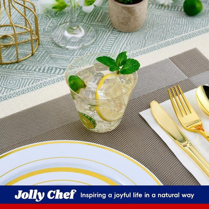 JOLLY CHEF 200 Pack 9 oz Glitter Plastic Cups, Disposable Gold Cups, Clear Plastic Tumblers for Wedding, Thanksgiving, Christmas Party