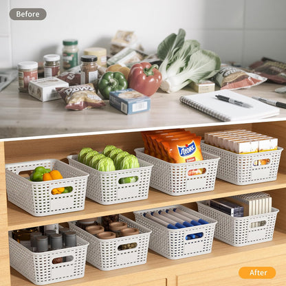 White Plastic Storage Baskets by [Brand Name] - Durable Stackable Bins with Labels | Pack of 8 for Organizing Desktops, Closets, and More