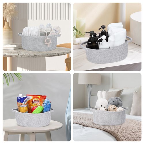 XUANGUO Small Woven Basket Cute Oval Cotton Rope Gifts Basket with Handle Empty Baby Wicker Storage Baskets Nursery Box Bin Kids Organizer Cat Dog Toy Baskets Easter Baskets Grey