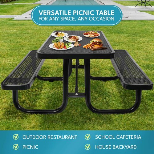 Phyfalip 6 ft. Rectangular Outdoor Steel Picnic Table with Umbrella Pole, Heavy-Duty Weather-Resistant Dining Table for Patio, Backyard, and Garden, Rust-Resistant Finish, Black