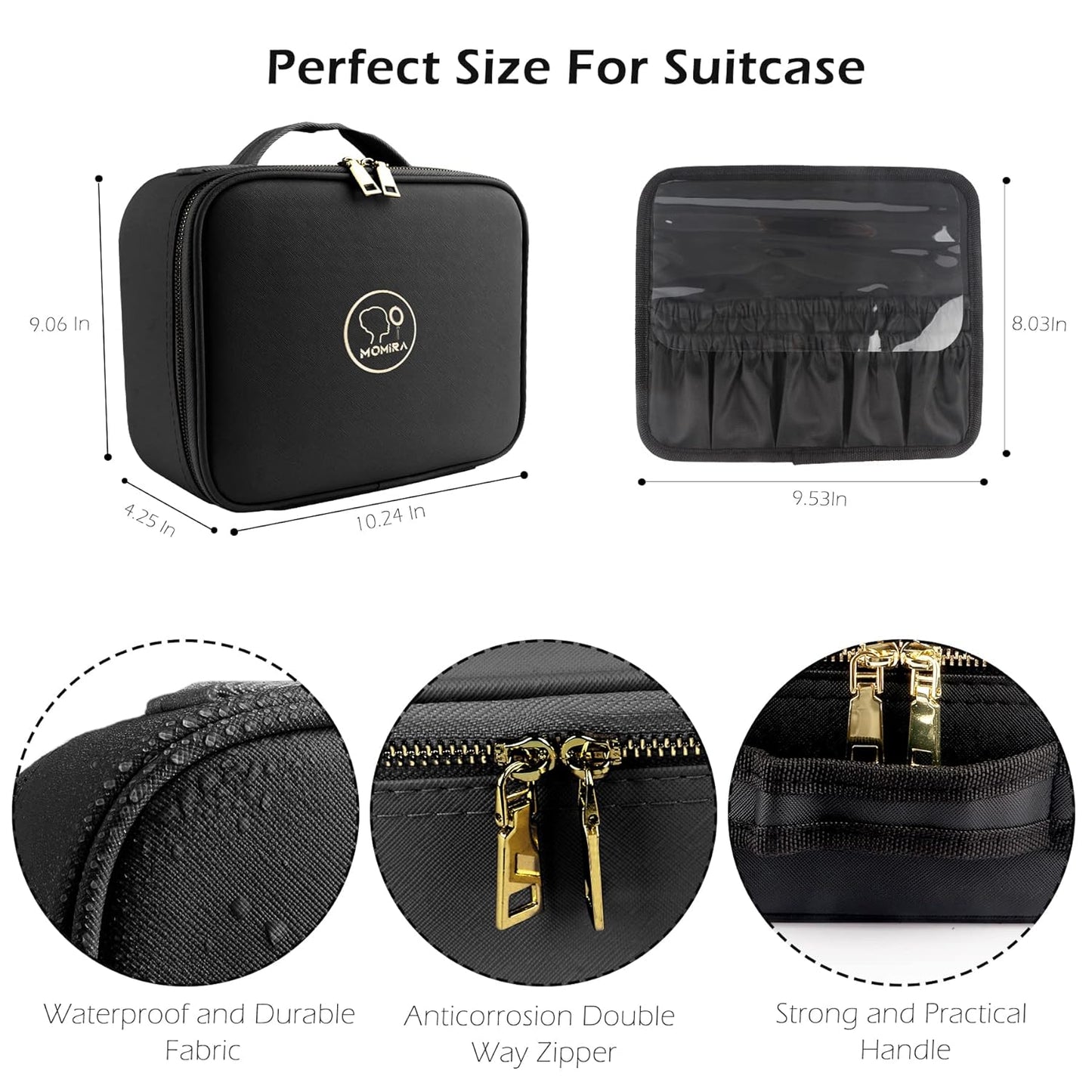MOMIRA Travel Makeup Bag - Lighted Mirror with Adjustable Brightness | Waterproof Organizer - Black