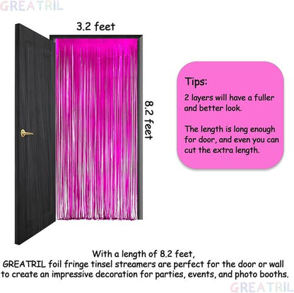 GREATRIL Shiny Fuchsia Tinsel Foil Fringe Curtain - Hot Pink Party Streamers Backdrop | 3.2ft X 8.2ft - 2 Packs