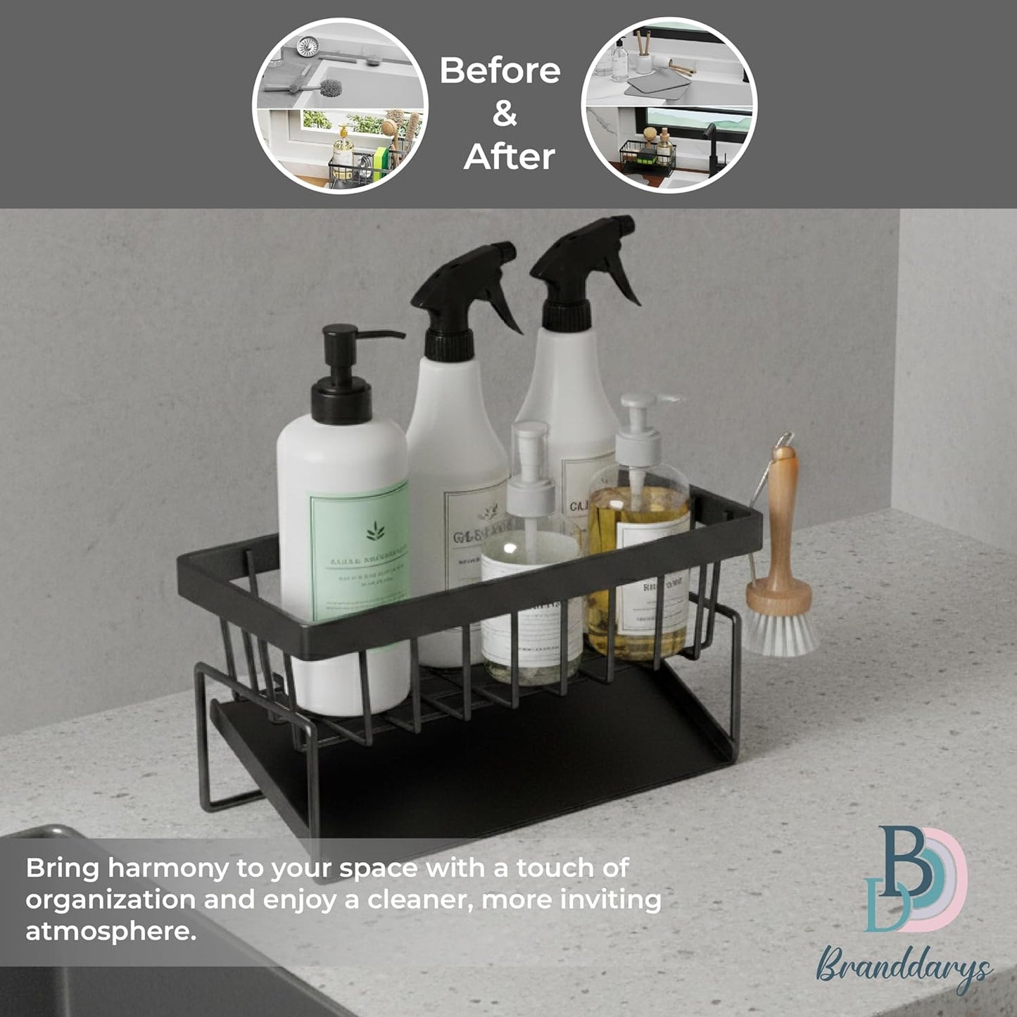 Skiennix Black Stainless Steel Sponge Holder - Rotating Drain Spout & High Brush Holder | Kitchen Sink Organizer with 2 Bear Sponges