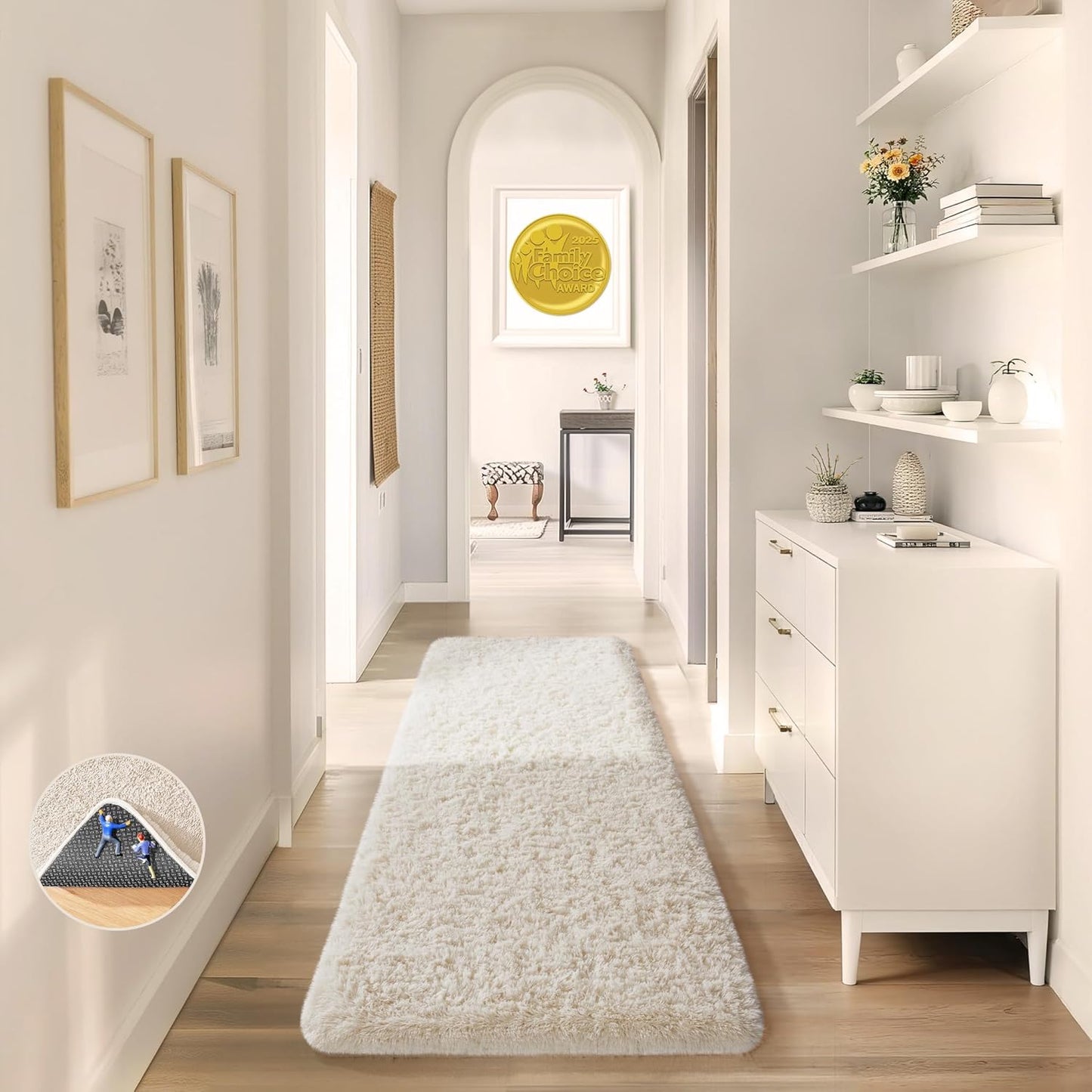 Ophanie 2x8 Runner Rug - Soft Non-Slip Ivory Shaggy Carpet for Hallway & Bedroom Decor