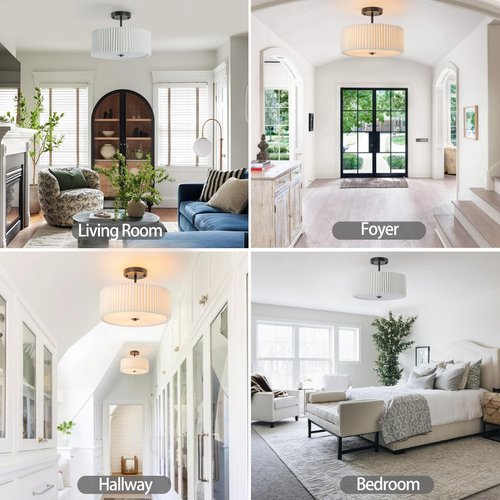 Bargeni Semi Flush Mount Ceiling Light,12.5 inch Ceiling Light Fixture,Black Flush Mount Light Fixture with Pleated Fabric Drum Shade,Light Fixtures Ceiling Mount for Bedroom,Living Room,Hallway