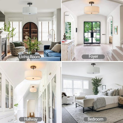 Bargeni Semi Flush Mount Ceiling Light,12.5 inch Ceiling Light Fixture,Black Flush Mount Light Fixture with Pleated Fabric Drum Shade,Light Fixtures Ceiling Mount for Bedroom,Living Room,Hallway