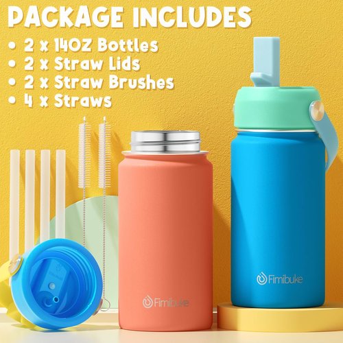 Fimibuke Kids Insulated Water Bottle - 14oz BPA-Free Stainless Steel Tumbler | Leak-Proof Double Wall Design (2 Pack, Candy/Bubble)