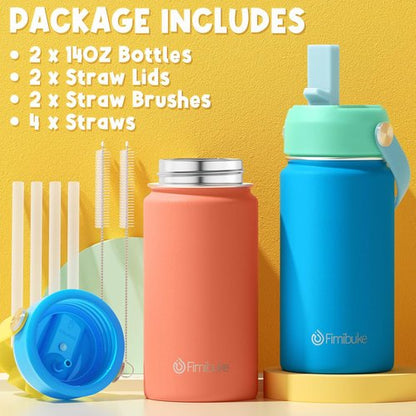 Fimibuke Kids Insulated Water Bottle - 14oz BPA-Free Stainless Steel Tumbler with Straw | Leak-Proof Design (2 Pack, Underwater World)