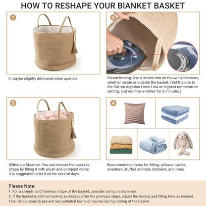 Mkono Woven Storage Basket Decorative Natural Rope Basket Wooden Bead Decoration for Blankets,Toys,Clothes,Shoes,Plant Organizer Bin with Handles Living Room Home Decor, Jute, 16" W × 13.8"L