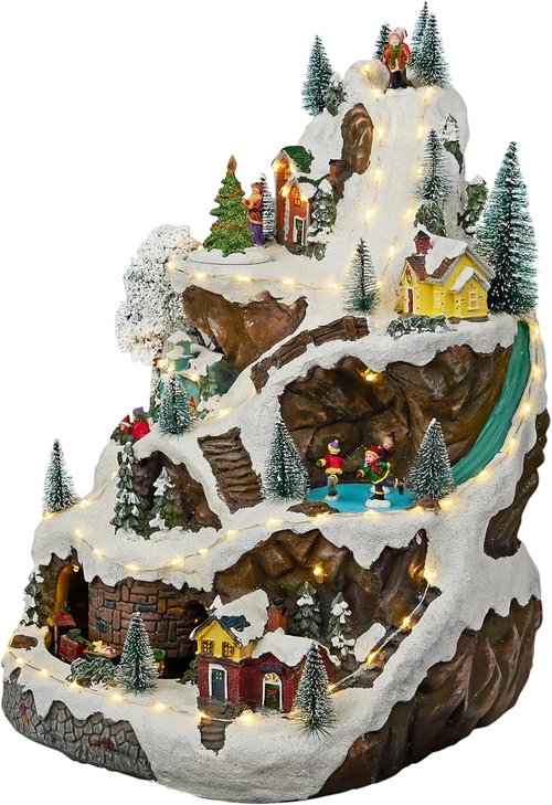 Alpine Corporation 18" Tall Indoor Animated Winter Wonderland Set - 75 LED Lights, Music & Moving Train