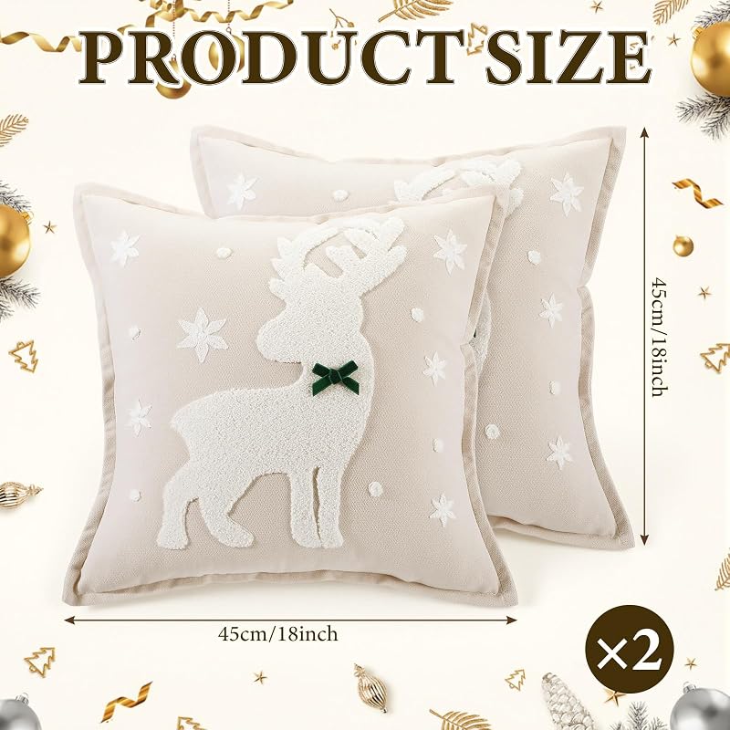 Christmas Reindeer Throw Pillow Covers 18x18 in Plush 3D Embroidery - 2 Pcs