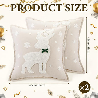Christmas Reindeer Throw Pillow Covers 18x18 in Plush 3D Embroidery - 2 Pcs