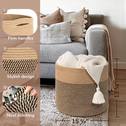 Goodpick Large Cotton Rope Basket - 15.8"x15.8"x13.8" | Stylish Wicker Storage for Blankets & Toys