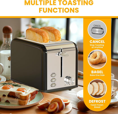 Simple Deluxe 2-Slice Toaster - Stainless Steel with 6 Browning Settings & Extra Wide Slot - Black