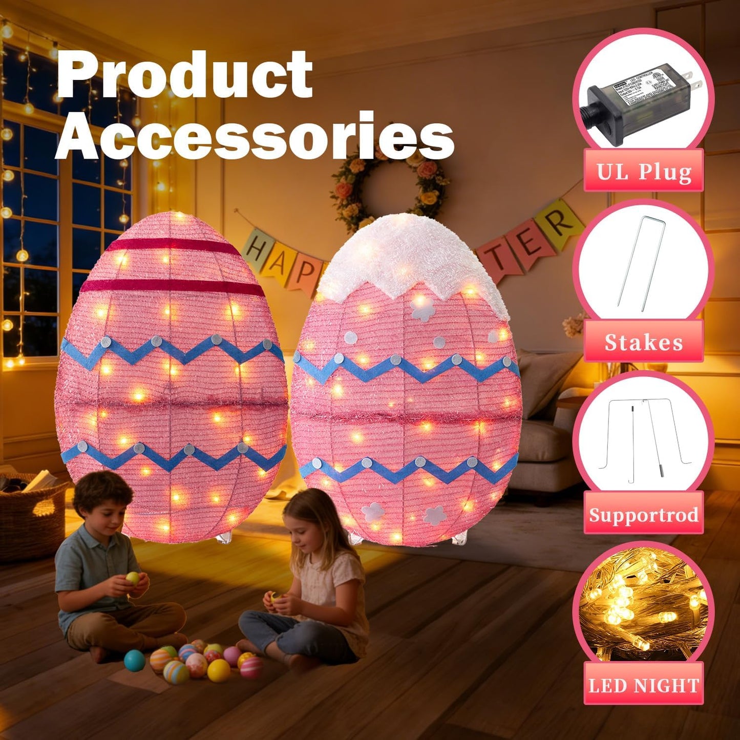 Skiennix Outdoor Easter Decorations - Set of 2 Lighted Metal Eggs | 34 Inch LED Lights for Lawn & Garden