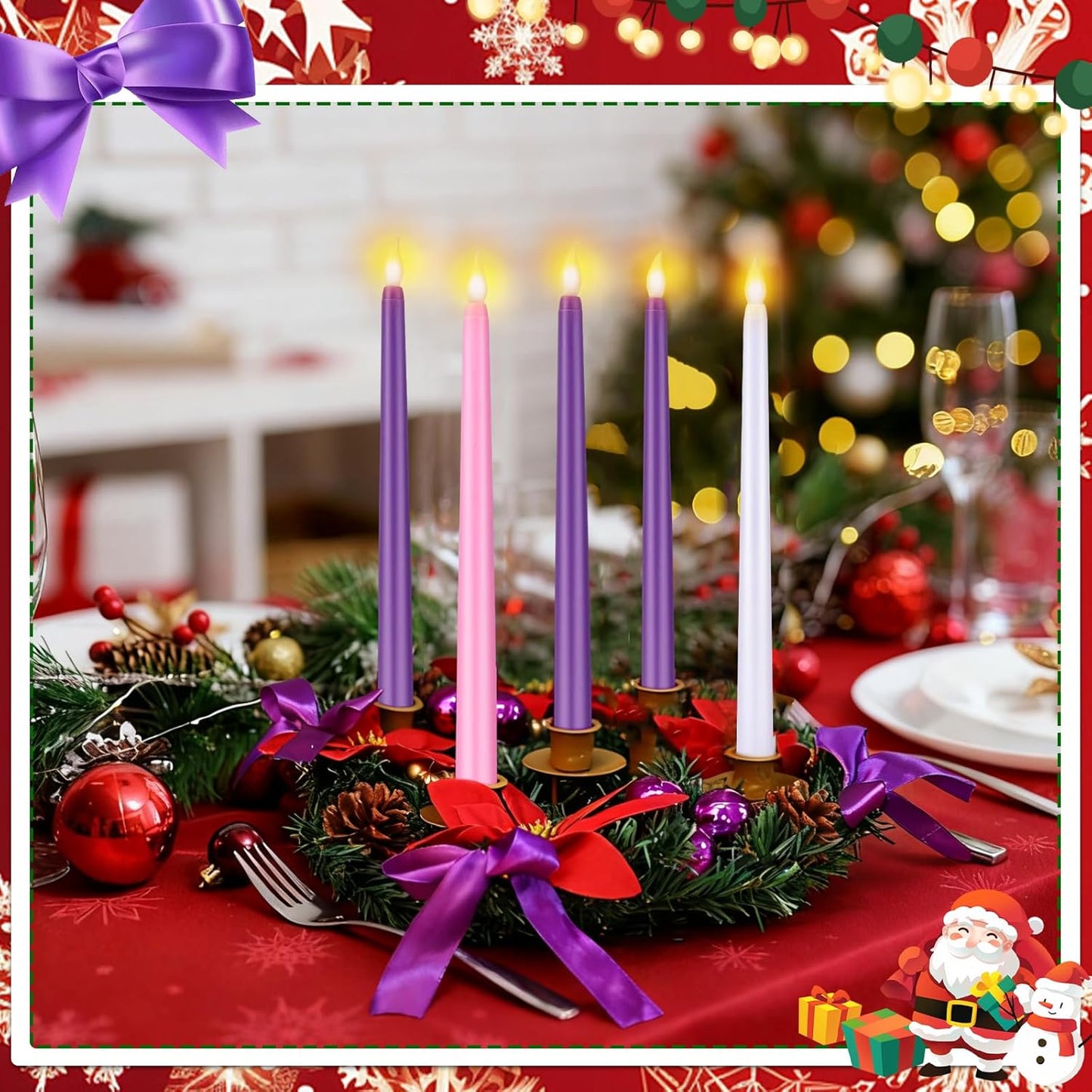 Skiennix 11-Inch Christmas Advent Wreath - 5 Flameless Taper Candles with Pine Cones & Poinsettias
