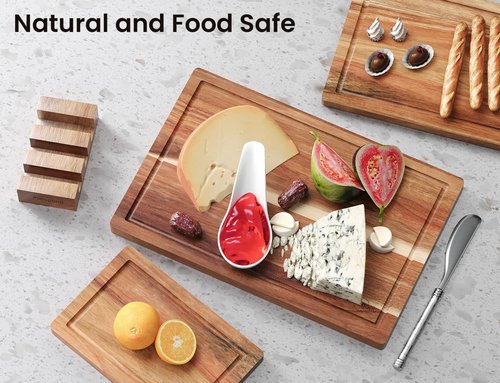 Acacia Wood Cutting Boards Set of 3 - Premium Wooden Chopping Boards with Juice Groove & Holder
