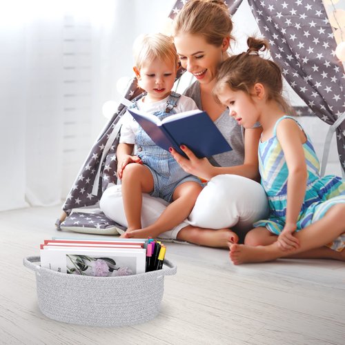 XUANGUO Small Woven Basket Cute Oval Cotton Rope Gifts Basket with Handle Empty Baby Wicker Storage Baskets Nursery Box Bin Kids Organizer Cat Dog Toy Baskets Easter Baskets Grey