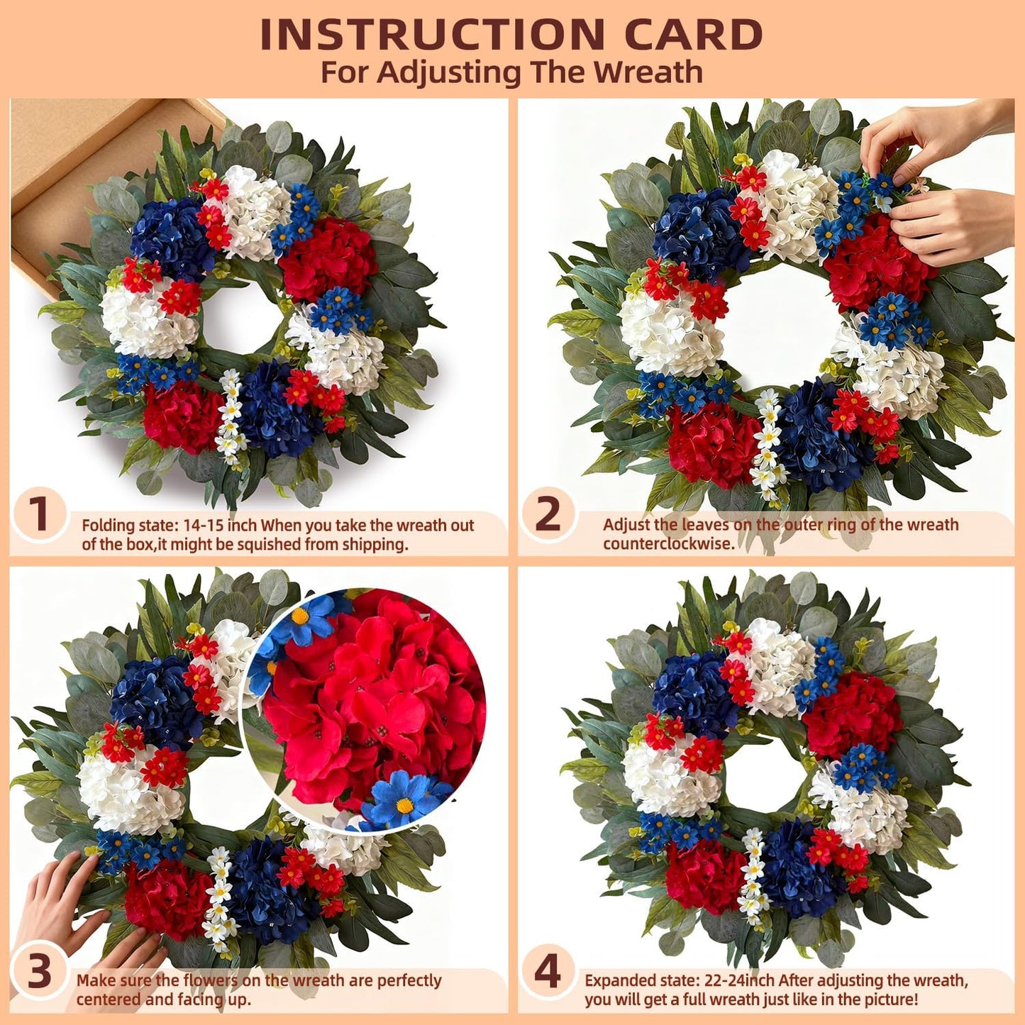 WANNA-CUL 24-Inch Patriotic Hydrangea Wreath - Red, White & Blue 4th of July Door Decor