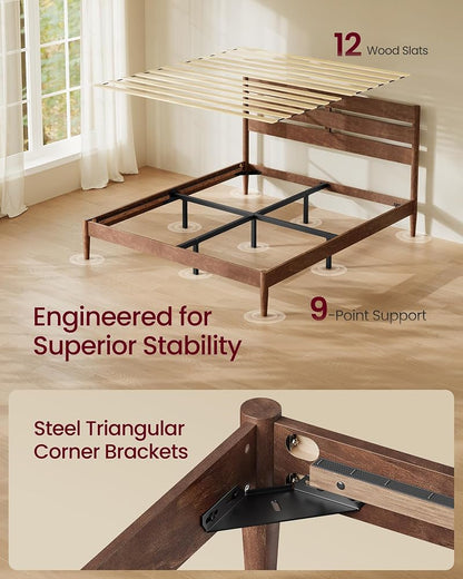 Queen Bed Frame with Headboard Storage & Charging Station - VASAGLE Coffee Brown, 1100 lb Capacity