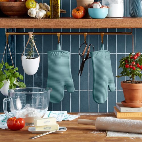 KitchenAid Ribbed Soft Silicone Oven Mitts - 2-Pack Set, 7.5"x13", Mineral Water Aqua